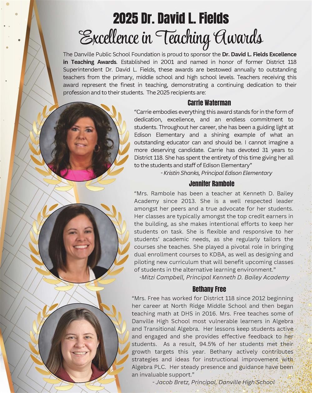  Dr. David L. Fields Excellence in Teaching Awards